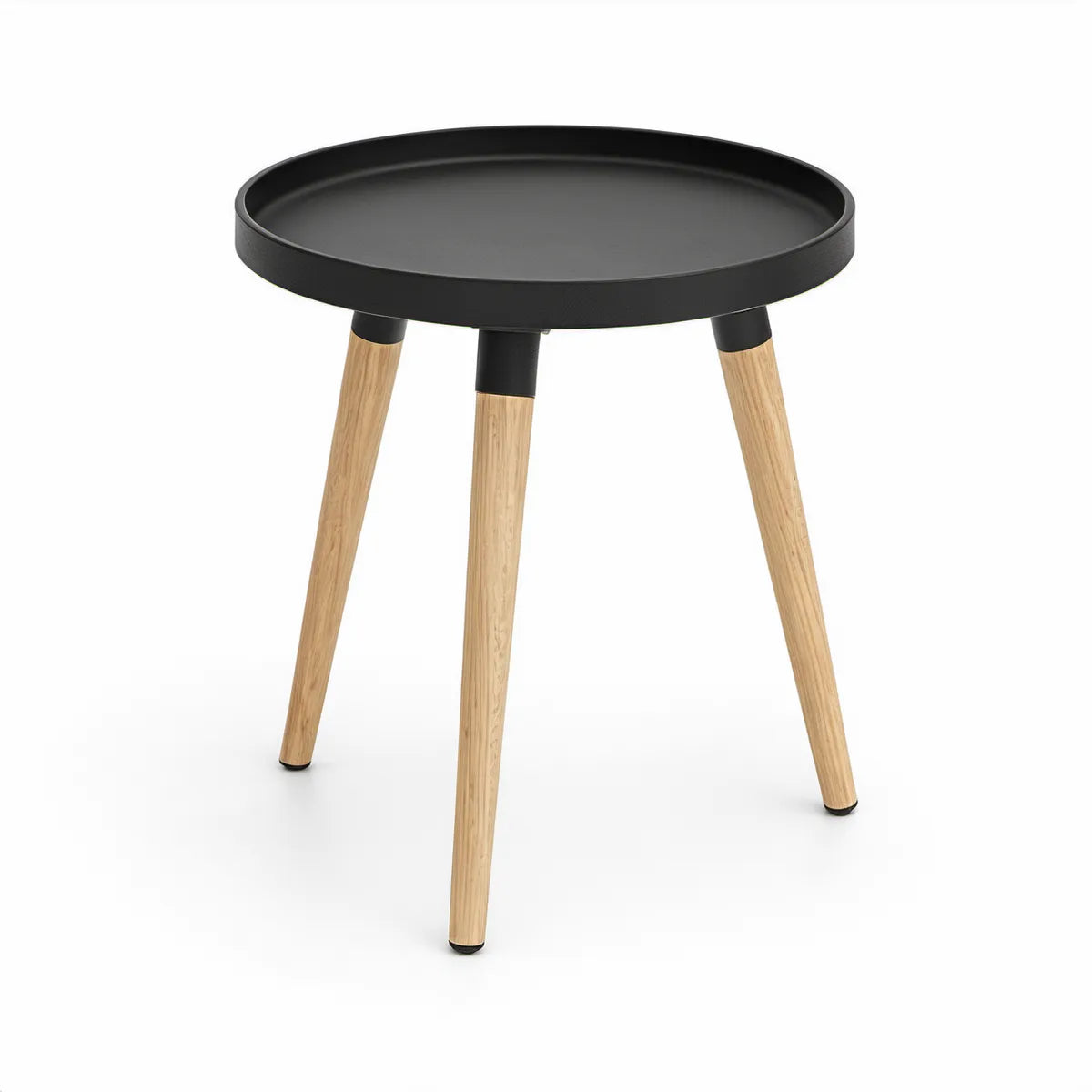 Kulatý odkládací stolek s ocelovou podnosovou deskou a nohami z masivního dubu, černý/přírodní, Ø 45 cm, výška 50 cm