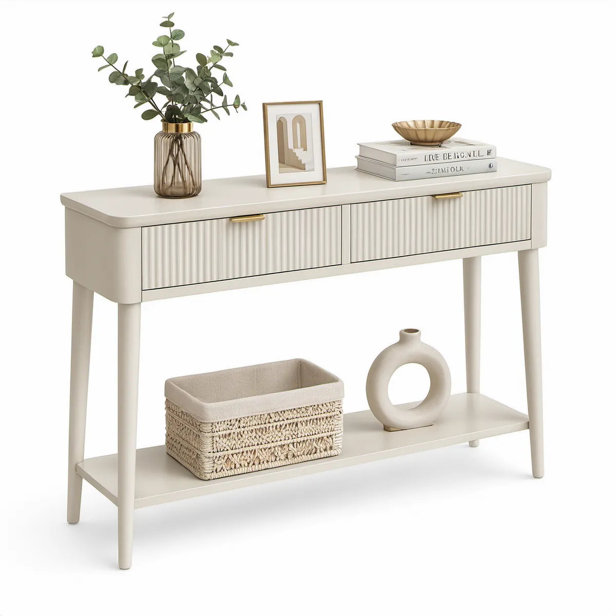 Konzolový stolek se 2 zásuvkami a spodní policí, 120 × 35 × 80 cm, krémově bílý se zlatými úchytkami